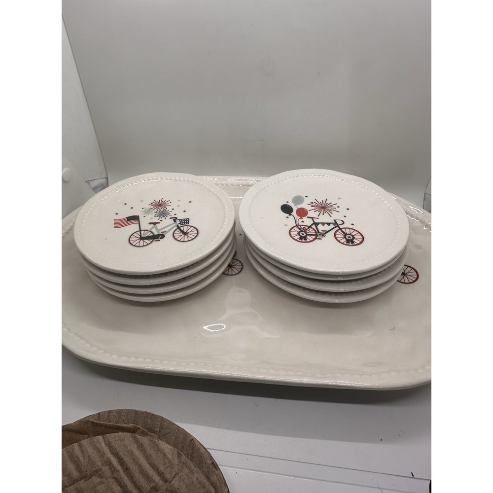 Envogue Home Patriotic Ceramic Bicycle Platter & 8 Appetizer Plates 9 Pc Set USA